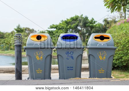 Bins For Collection Of Recycle Materials In Park