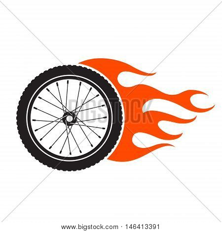 bicycle wheel with fire flame emblem. Isolated on white background.