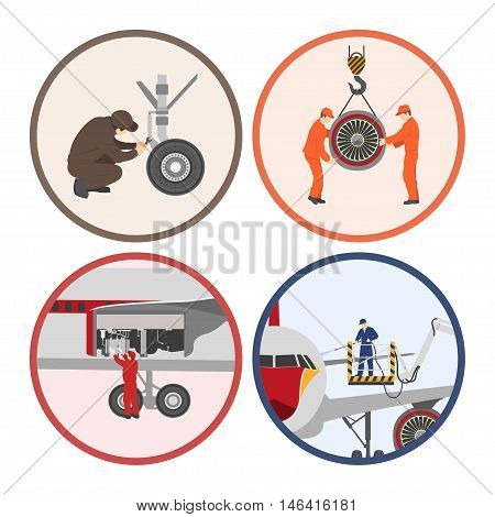 Repair and maintenance of aircraft . Set of aircraft parts in flat style on white background. Images in circles. Vector illustration