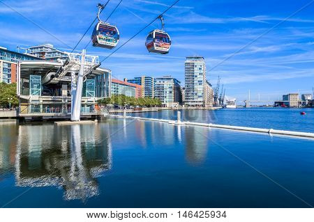 London UK - August 26 2016 - The Emirate Air Line or Thames Cable Car at sunset