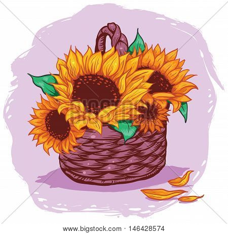 yellow flowers in a wicker basket on a pink background