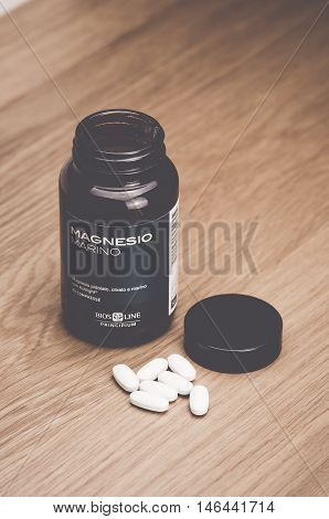 Inverigo Italy - September 9 2016: marine magnesium citrate tablets Bios Line nutritional supplement in a glass bottle