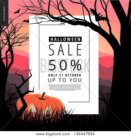 Halloween Sale notice illustrated poster. Vector cartoon illustration of a forest landscape with a pumpkin and flying bats, a black tree amd jack-o-lantern on foreground and sunset lighted hills.