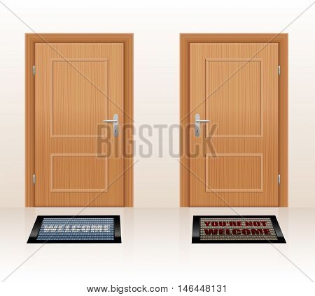WELCOMING CULTURE - symbolically depicted with two doormats saying WELCOME and YOU'RE NOT WELCOME as a symbol for hospitality and rejection. Vector illustration.