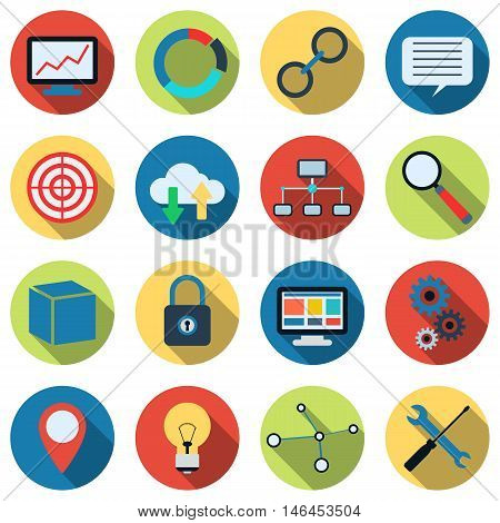 SEO and development colorful flat design style with long shadows icons v collection