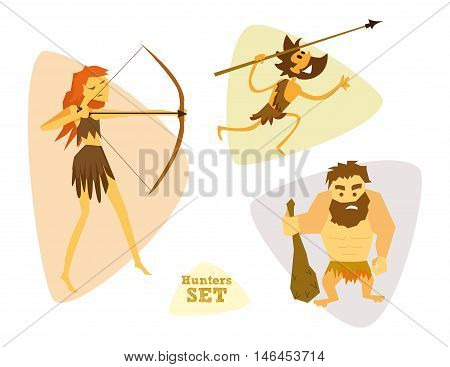 Funny cartoon hunters set. Hunter cartoon set. Different characters hunters with weapons and animals vector illustration. Eps 10