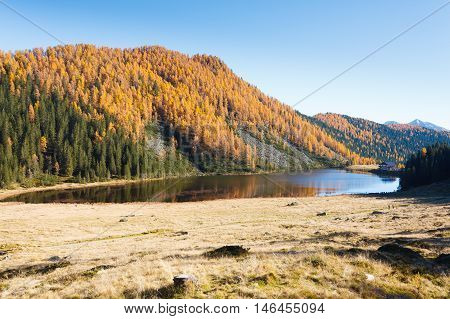 Reflections On Water, Autumn Panorama From Mountain Lake