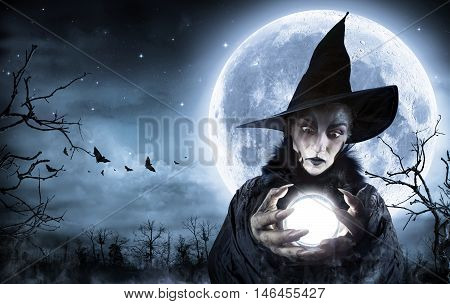 Halloween Witch Clairvoyant In A Spooky Night