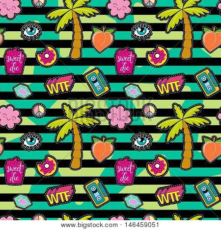 80s Fashion vector seamless pattern with pop art patches, pins, badges and stickers