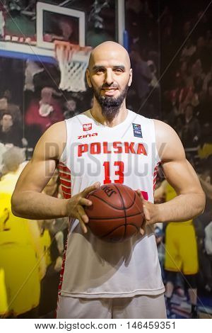 KRAKOW, POLAND - FEB 9, 2016:  Marcin Gortat (Polish professional basketball player) wax figure of Polonia Wax Museum at Main Market Square. 