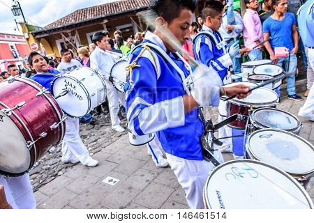 Antigua Guatemala - September 15 2015: School band marches in streets during Guatemalan Independence Day celebrations