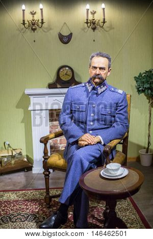 KRAKOW, POLAND - FEB 9, 2016: Jozef Pilsudski wax figures of Polonia Wax Museum at Main Market Square. The Wax Museum was opened in 2016, inspired by the organization in Krakow World Youth Day.