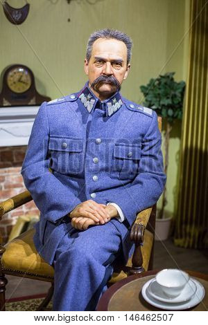 KRAKOW, POLAND - FEB 9, 2016: Jozef Pilsudski wax figures of Polonia Wax Museum at Main Market Square. The Wax Museum was opened in 2016, inspired by the organization in Krakow World Youth Day.