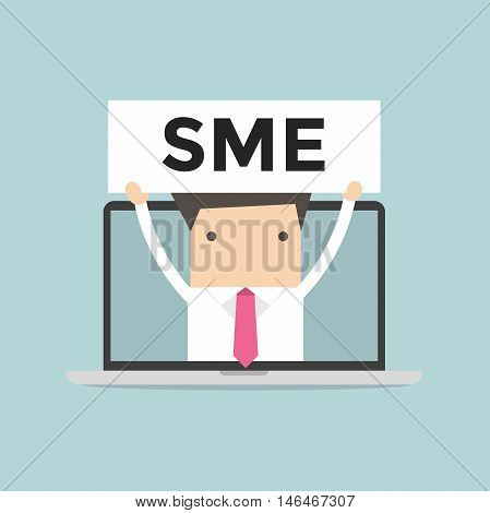 Businessman holding SME sign in computer notebook