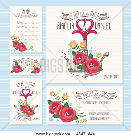 Set of wedding cards. Wedding invitation Thank you card Save the date card RSVP card and Menu.