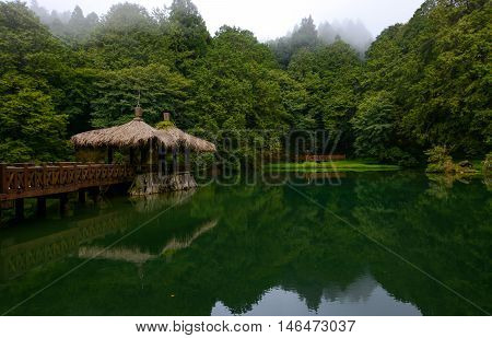 Elder Sister Pond and gazebo at Alishan National Forest in Chiayi District, Taiwan