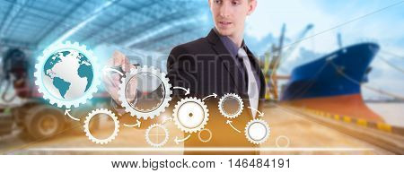 Businessman writing concept of supply chain management logistics with import export background