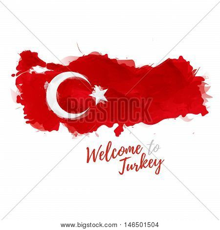 Symbol, poster, banner Turkey. Map of Turkey with the decoration of the national flag. Style watercolor drawing. Turkish map with national flag. Vector