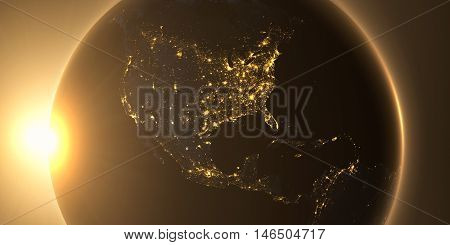 Yellow sunrise, sunburst, future earth seen froom space, yellow glow effect. 3D render.