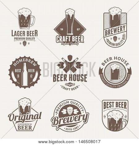 Set of vector brown beer logo icons and design elements on beige background for beer house bar pub brewing company branding and identity.
