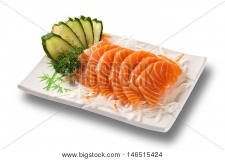 Salmon sashimi with withe plate isolated on white background