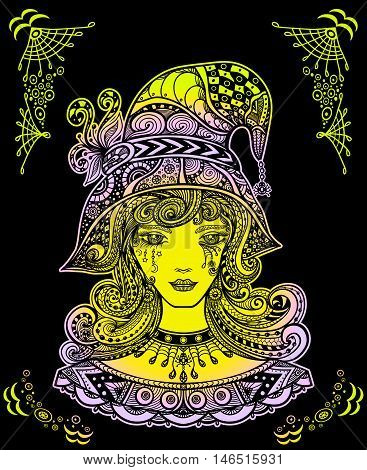 Witch in hat in Zen doodle or  Zen tangle decorative style handmade colors on black for Halloween or for wallpaper or for decorate package clothes or Masquerade image