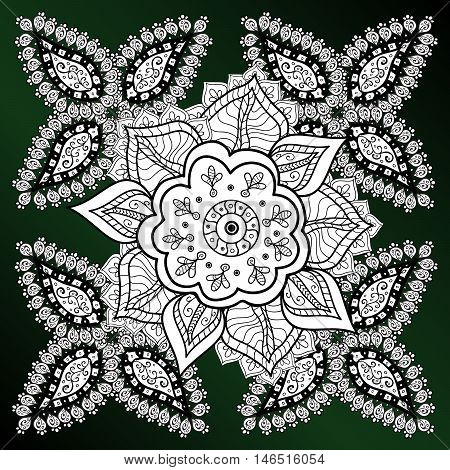 Flowers pattern on gark green gradient background.