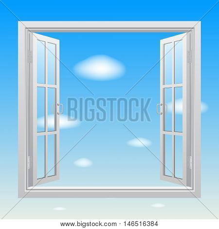 Open white double window with transparent glass on blue sky background. Concept design. Vector illustration 