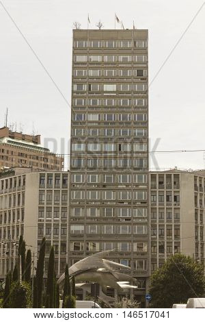 MILAN, ITALY - APRIL 14 2015: The Milan skyscraper in Piazza Diaz in Milan with Torre Velasca in the background