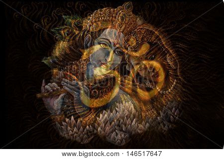 krishna radha couple with sacred symbol, graphic from handpainted original.