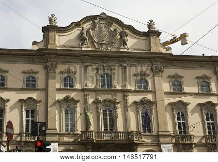 MILAN, ITALY - APRIL 16 2016: Facade of Palazzo Arese Litta in the center of Milan Italy