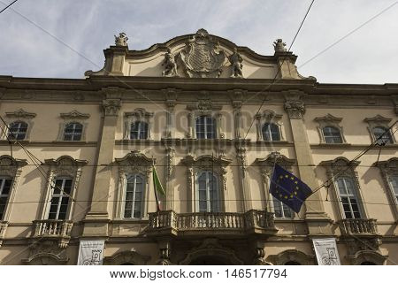 MILAN, ITALY - APRIL 16 2016: Facade of Palazzo Arese Litta in the center of Milan Italy