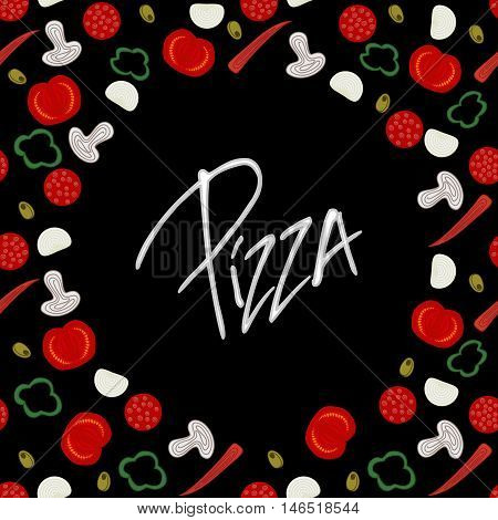 Cute funny background border frame with various pizza ingredients isolated on the black fond. With space for invitations or different events greeting cards text. Vector illustration eps 10