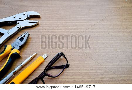 Close Up Tools On Wooden Background For Texture