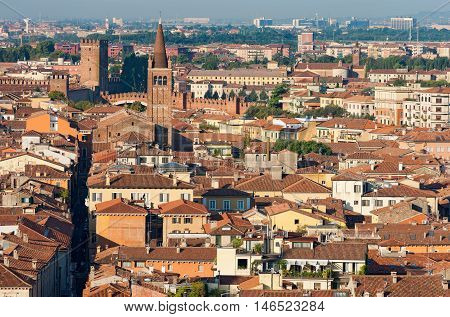 Aerial view of the city of Verona with the church of Sant'Eufemia (Saint Eufemia) and the old bridge of Castelvecchio. UNESCO site - Veneto Italy
