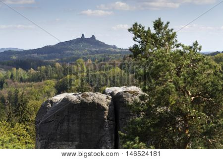 Sandstone Rocks Around Hruba Skala Castle With Trosky Ruins