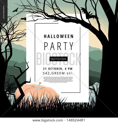 Halloween Party notice illustrated poster. Vector cartoon illustration of a forest landscape with a pumpkin and flying bats, a black tree amd jack-o-lantern on foreground and sunset lighted hills.