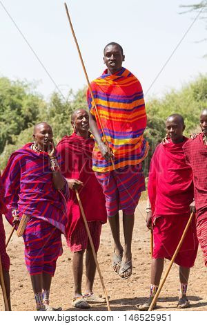 Amboseli Kenya - February 07 2012 - Masai tribal people dancing in a village in Amboseli National Park