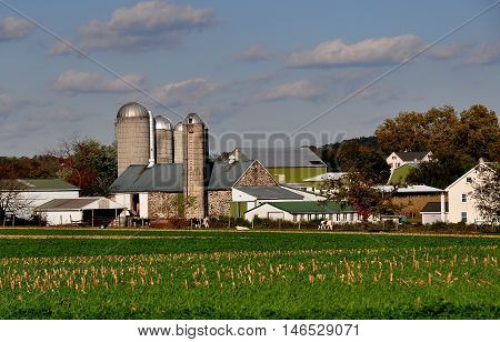 Lancaster County Pennsylvania - Ocrober 15 2015: Amish farm complex with farmhouse, barns, silos, and a field of harvested cornstalks