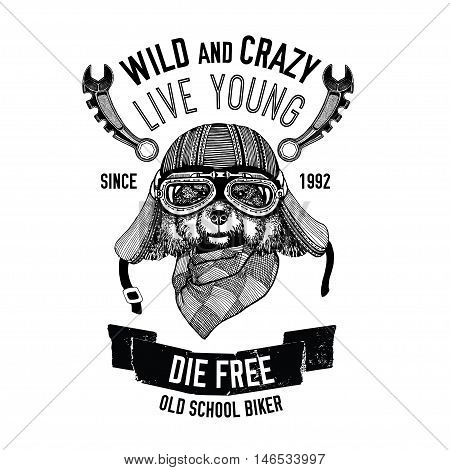 Biker quote with dog for garage, service, t-shirt, spare parts Vector hand drawn image