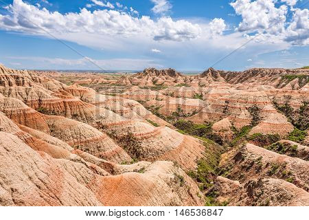 Landscape view of Badlands National Park butte sandstone canyons in desert with green plants
