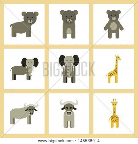 assembly of flat icons nature giraffe bull bear elephant