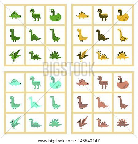 assembly of flat icons archeology cartoon dinosaur