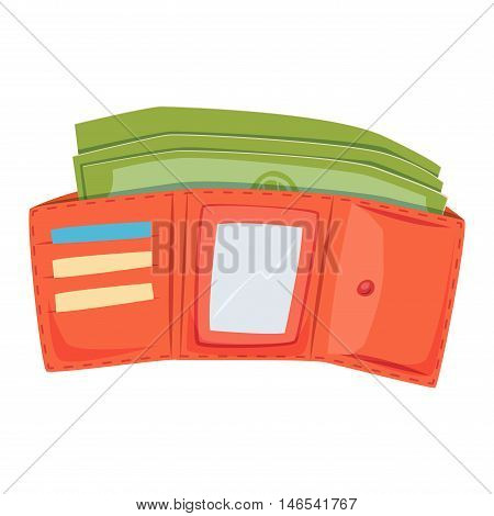Purse leather open wallet with money shopping. Shopping buy change business currency leather purse wallet. Financial one payment bag accessory object purse trendy wallet vector.