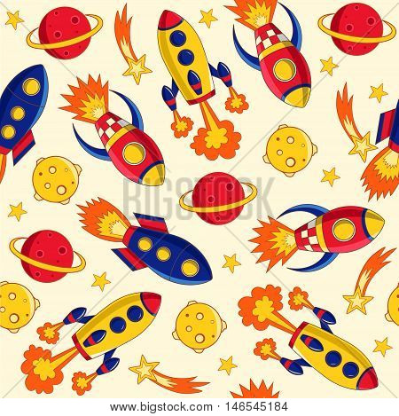 Rockets seamless pattern. Background with rockets, planets and stars. Vector illustration