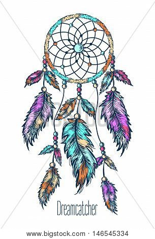 Ethnic dreamcatcher, feathers. Hand drawn vector illustration.