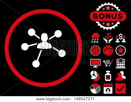 Person Relations icon with bonus. Vector illustration style is flat iconic bicolor symbols, red and white colors, black background.