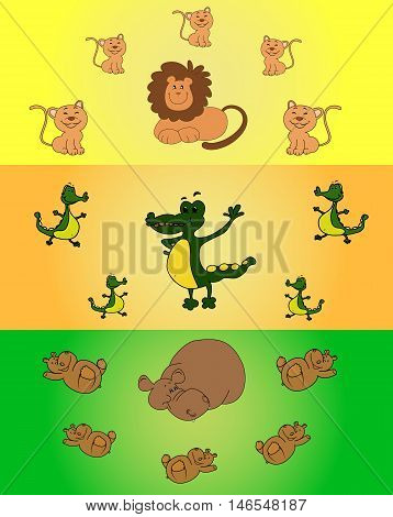 Vector illustration of several African wild animals with their babies