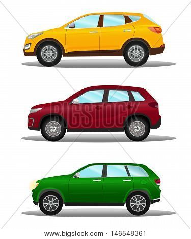 Vector illustration of a set of different off-road vehicles in three colors