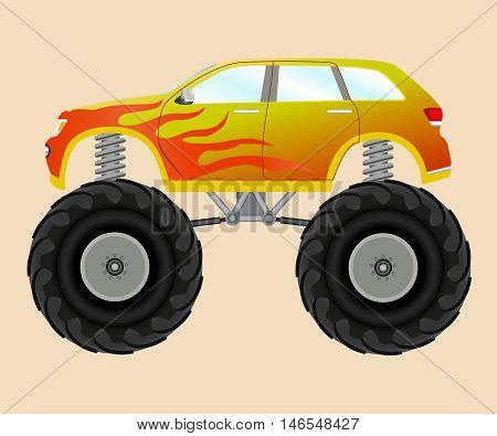 Vector illustration of monster car with a flame sticker on the side